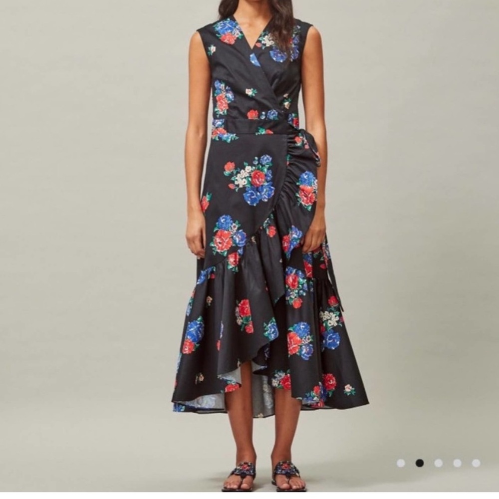 Tory Burch PRINTED WRAP MIDI DRESS Black Tea Rose Cotton